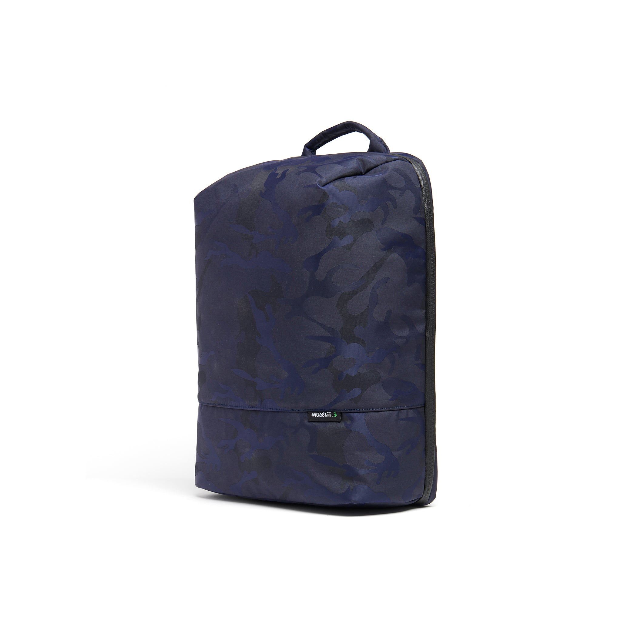 Mueslii travel backpack, made of waterproof jacquard nylon, camouflage pattern, with a laptop compartment, color blue, side view.