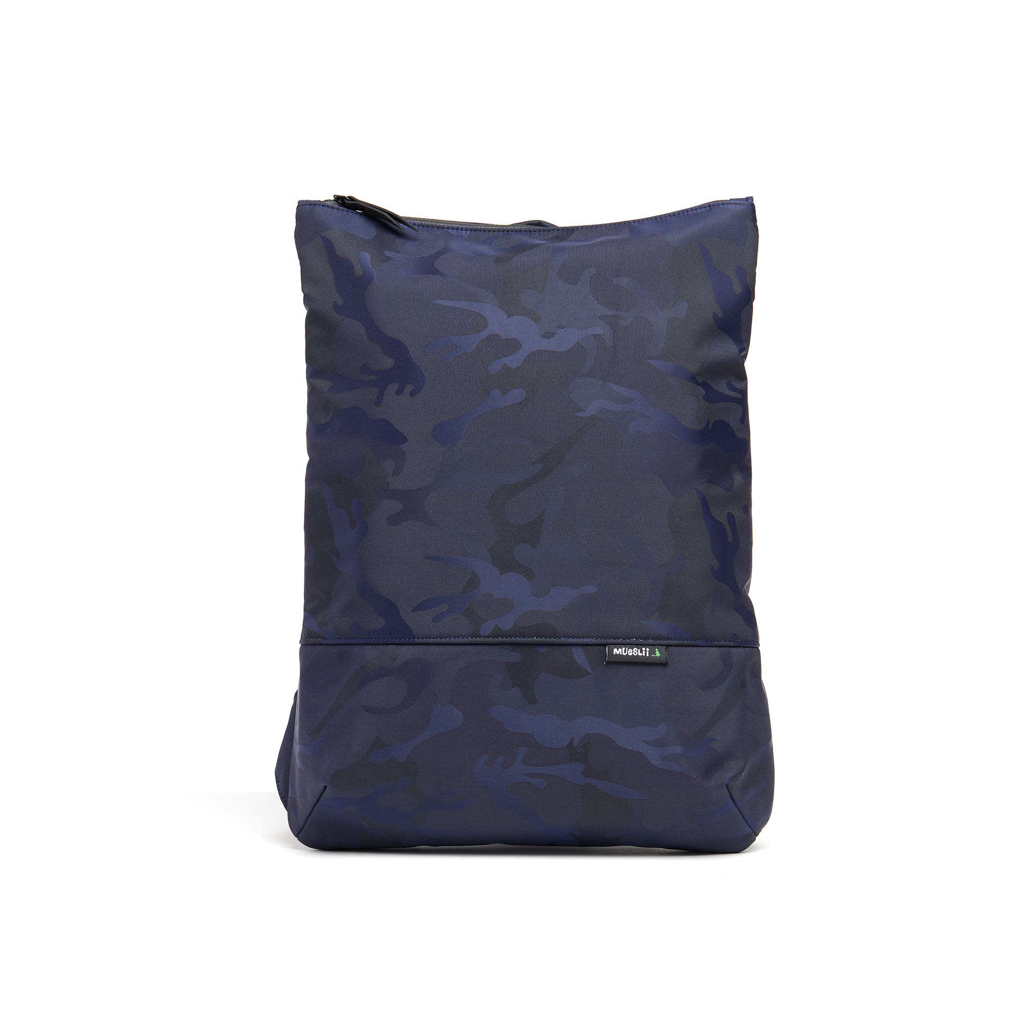 Mueslii light backpack, made of jacquard  waterproof nylon, with a laptop compartment, pattern camouflage, color blue, front view.