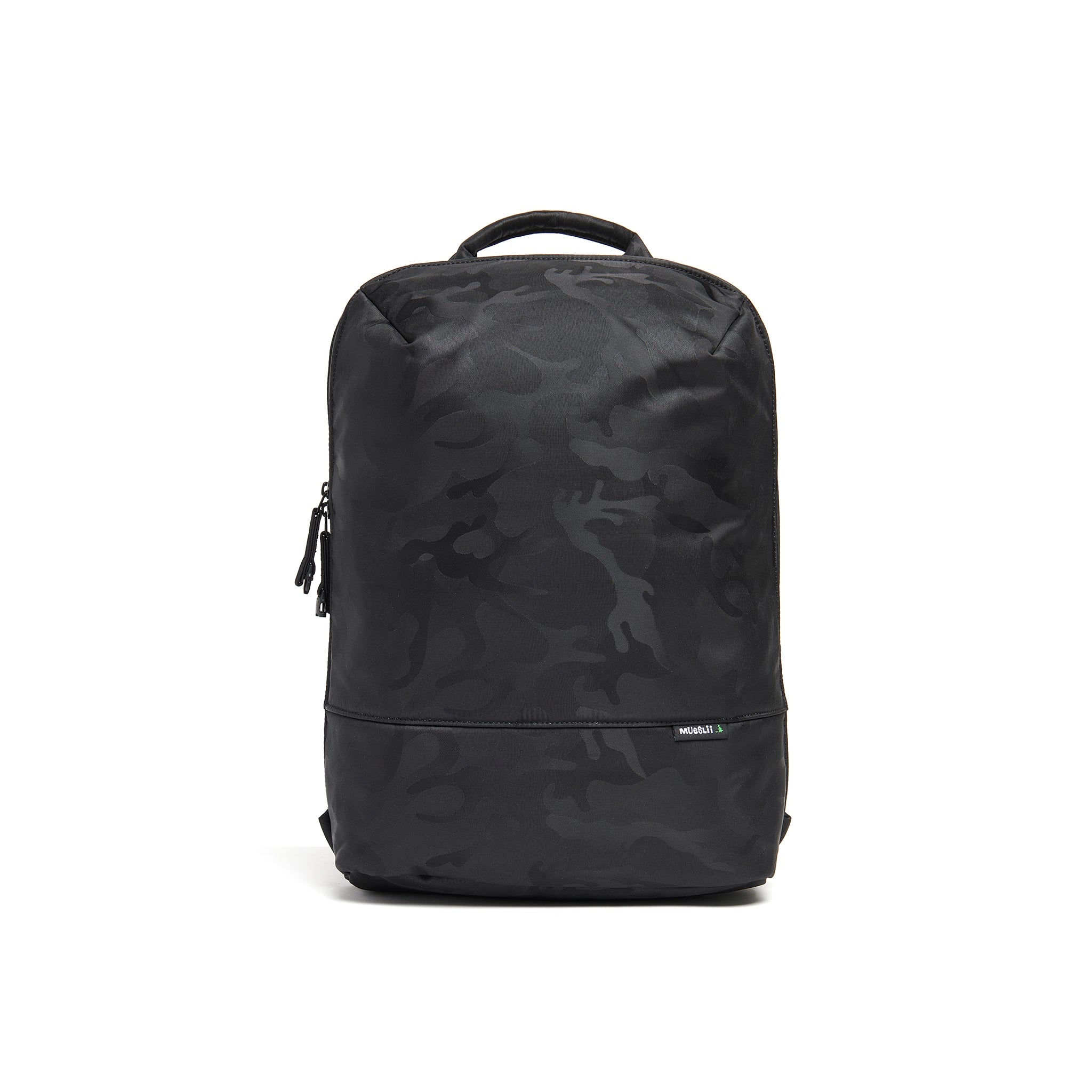 Mueslii daily backpack, made of jacquard  waterproof nylon, camouflage pattern, with a laptop compartment, color black, front view,