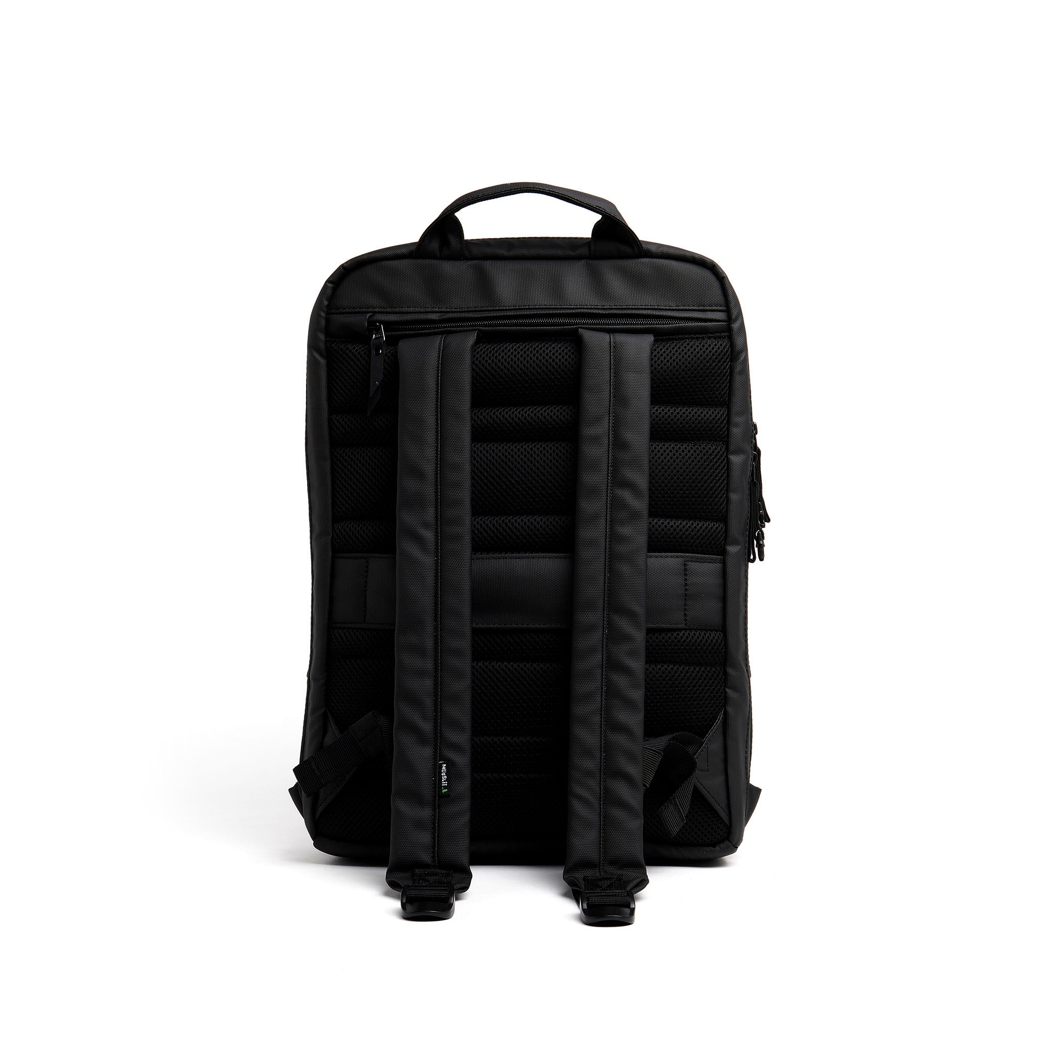 Mueslii daily backpack, made of PU coated waterproof nylon, with a laptop compartment, color black, back view.