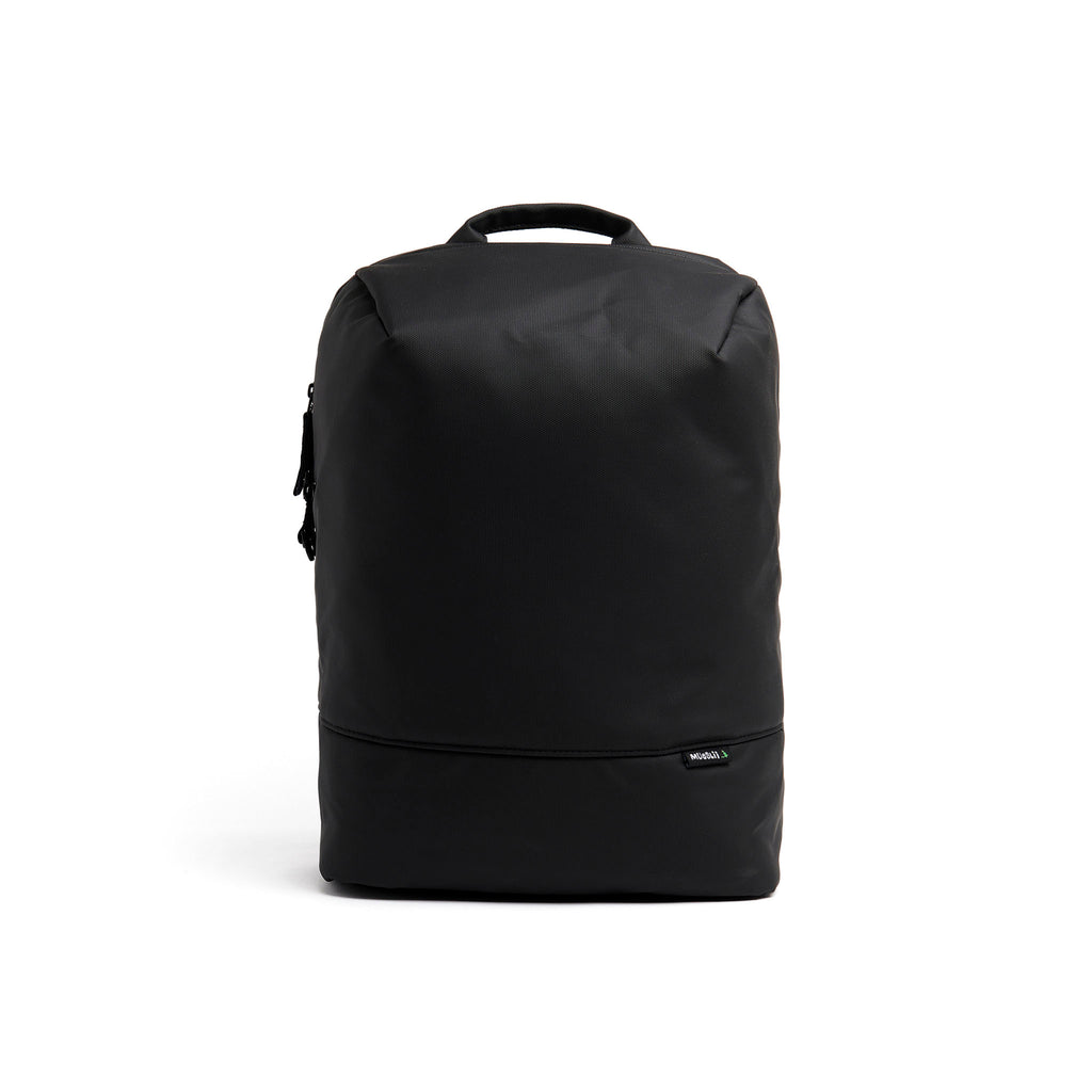 Mueslii travel backpack, made of PU coated waterproof nylon, with a laptop compartment, color coal black, front view.