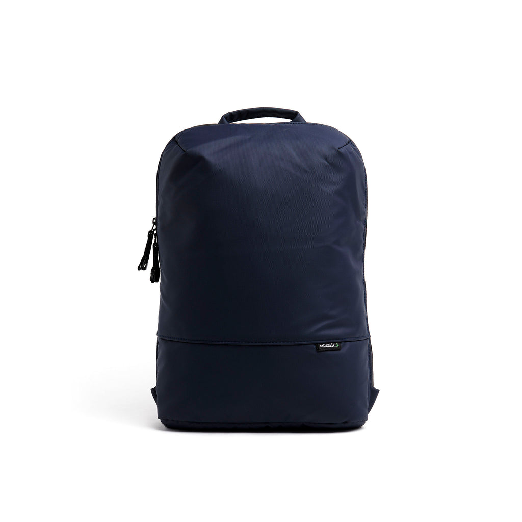Mueslii daily backpack, made of PU coated waterproof nylon, with a laptop compartment, color midnight blue, front view.