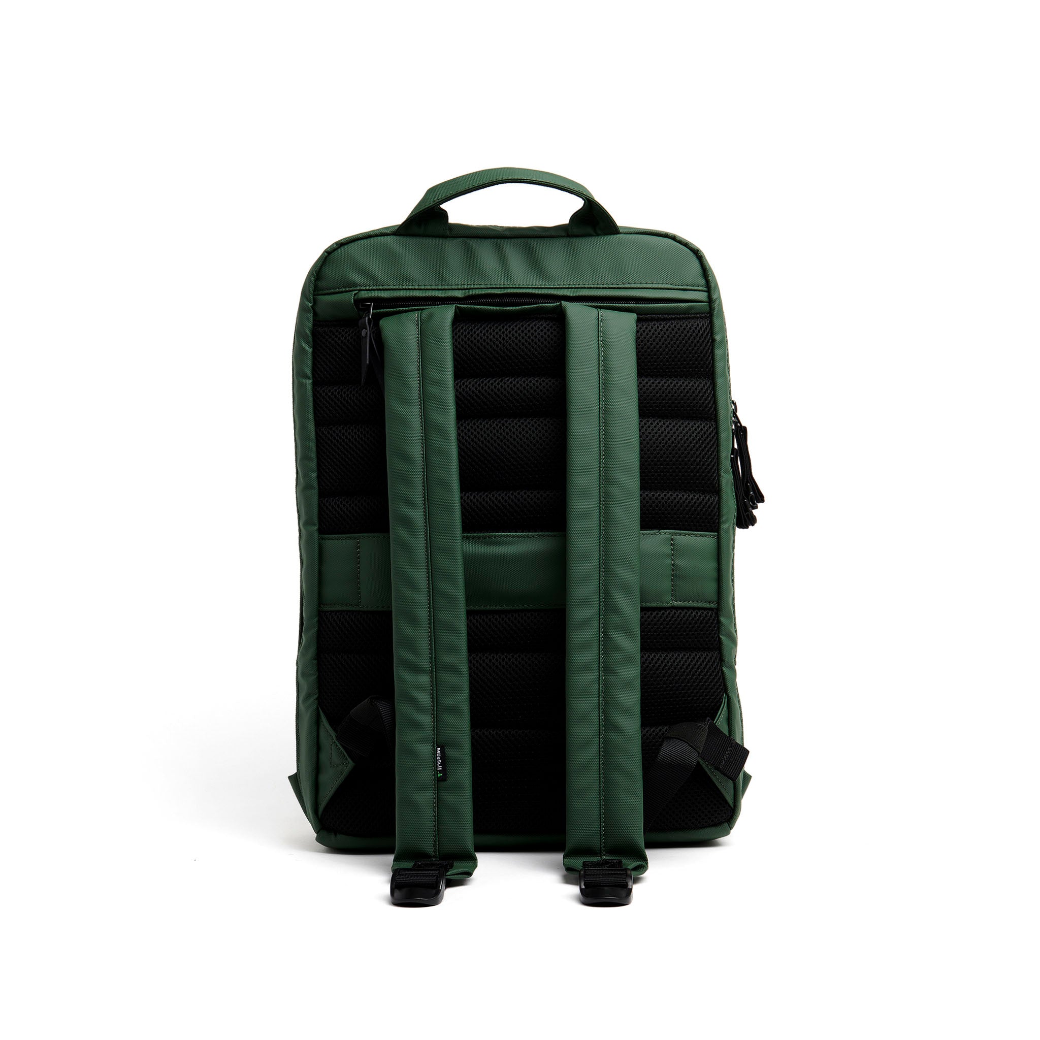 Mueslii daily backpack, made of PU coated waterproof nylon, with a laptop compartment, color green, back view.