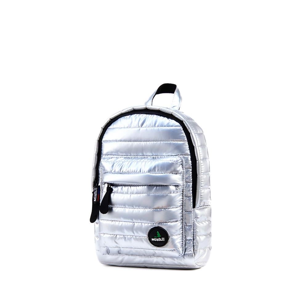 Mueslii original puffer Mini pack made of high density nylon and Ykk zips, color metal silver, side view.