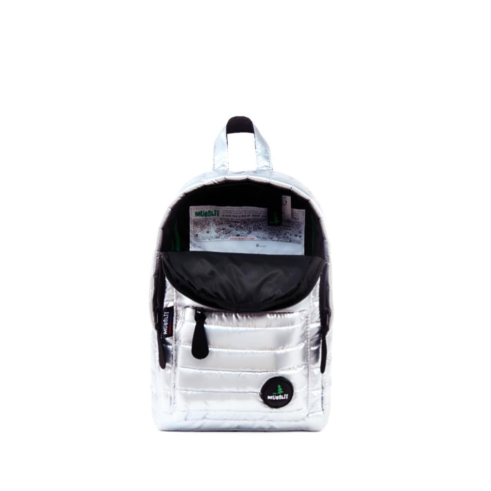 Mueslii original puffer Mini pack made of high density nylon and Ykk zips, color metal white, inside view.