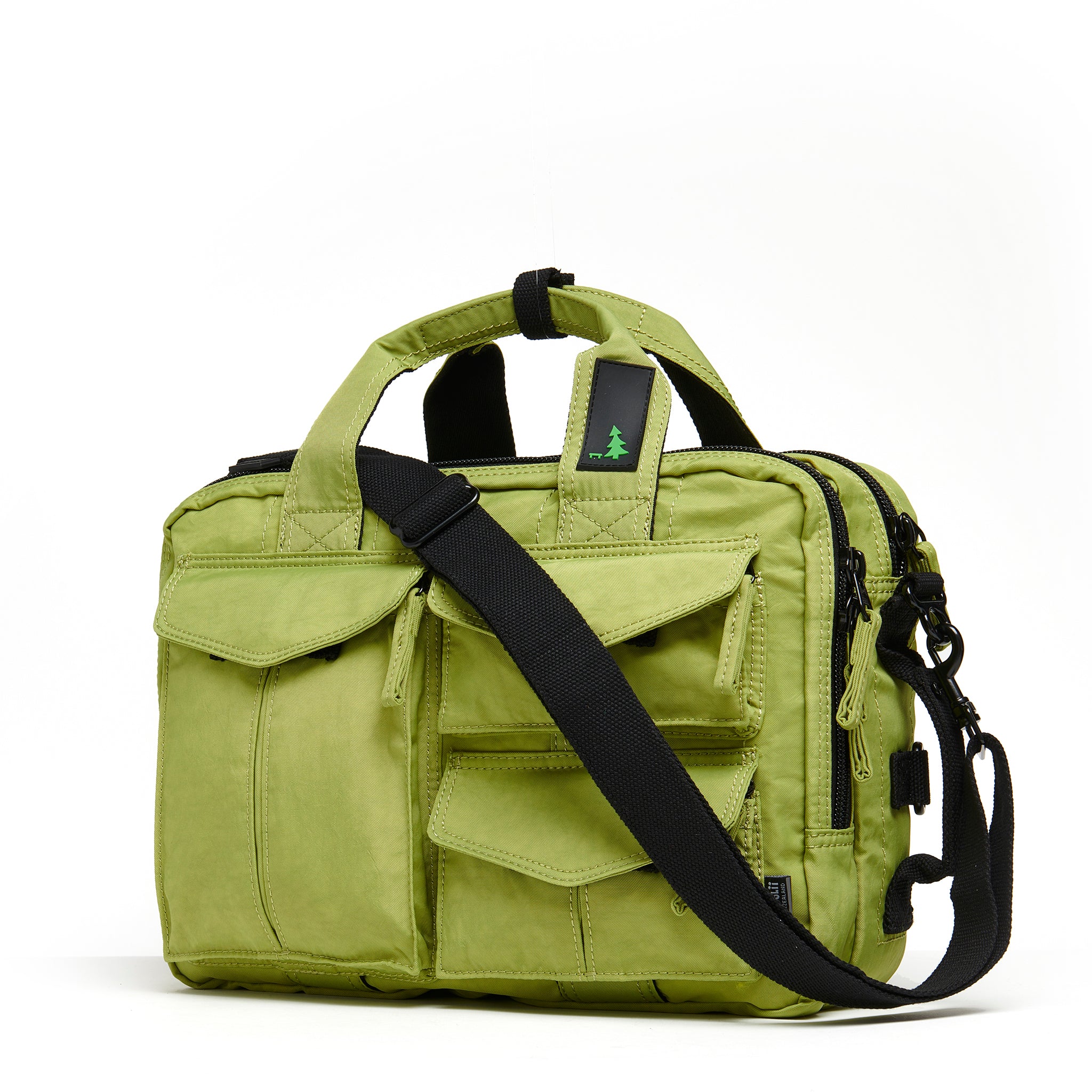 Mueslii classic 3 ways that can be used as backpack a shoulder bag or a briefcase, color  green,side view.