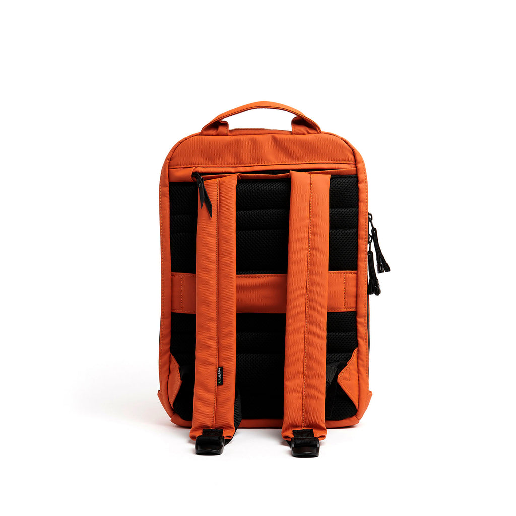 Mueslii travel backpack, made of PU coated waterproof nylon, with a laptop compartment, color orange, back view.