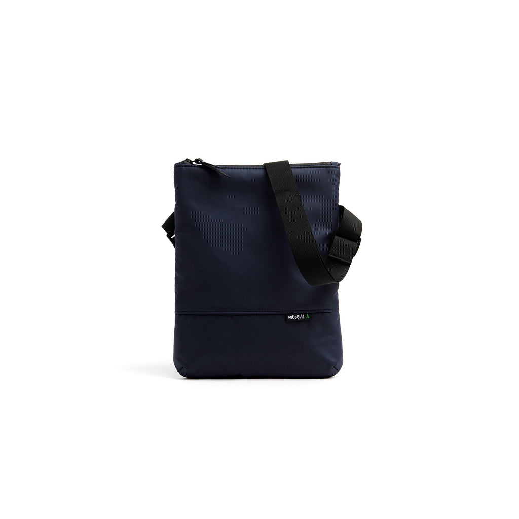 Mueslii crossbody, made of PU coated waterproof nylon, color midnight blue, front view.