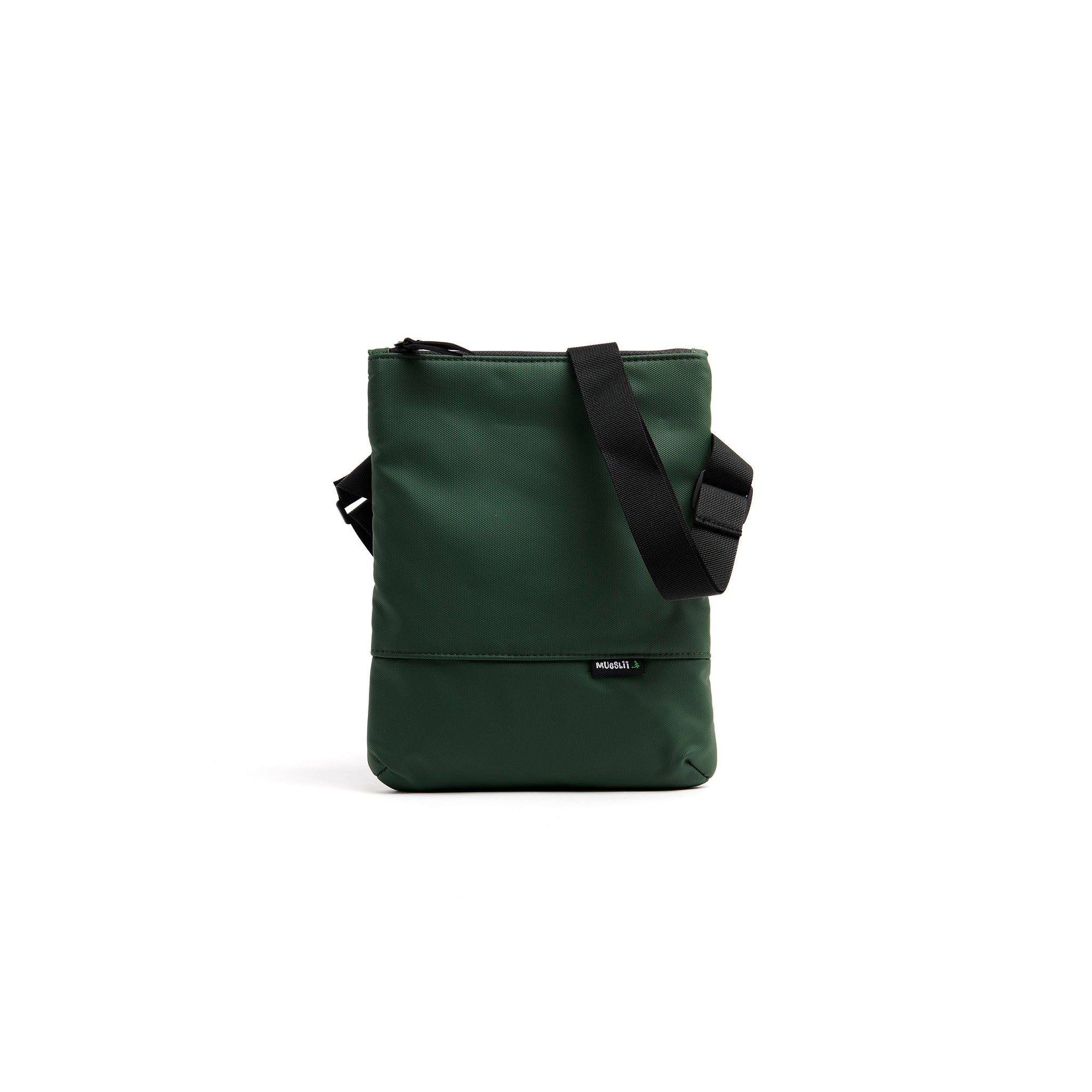 Mueslii crossbody, made of PU coated waterproof nylon, color  olive green, front view.