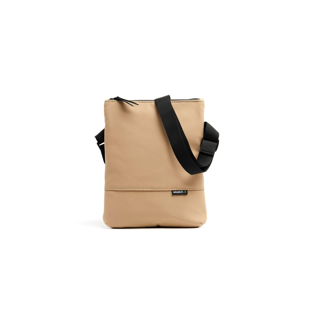Mueslii crossbody, made of PU coated waterproof nylon, color sand, front view.