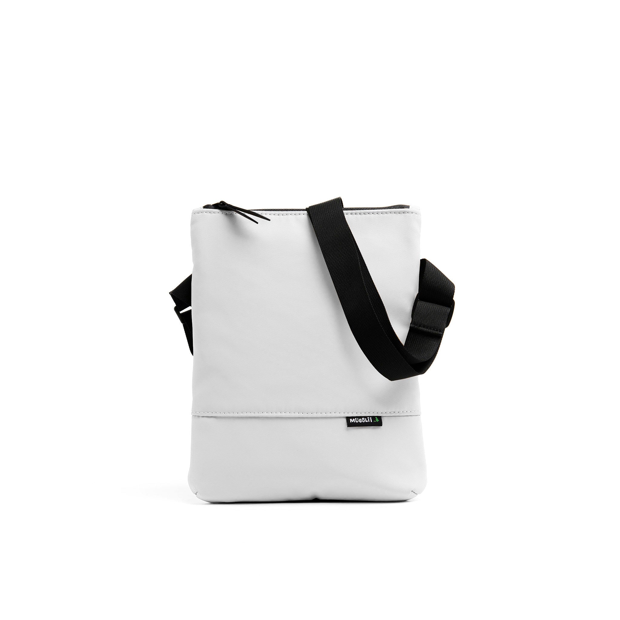 Mueslii crossbody, made of PU coated waterproof nylon, color pure white, front view.