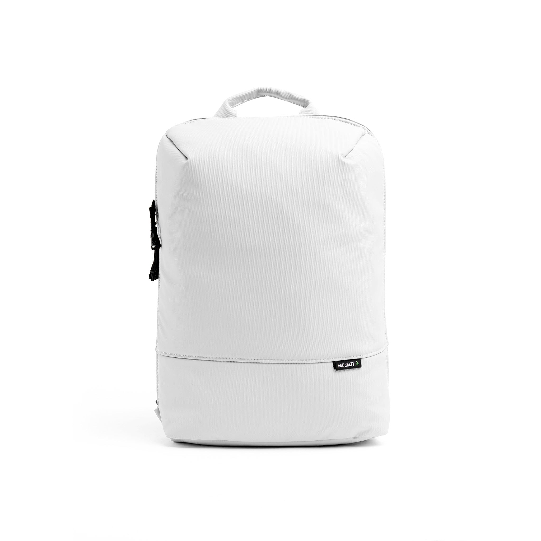 Mueslii daily backpack, made of PU coated waterproof nylon, with a laptop compartment, color black, front view.