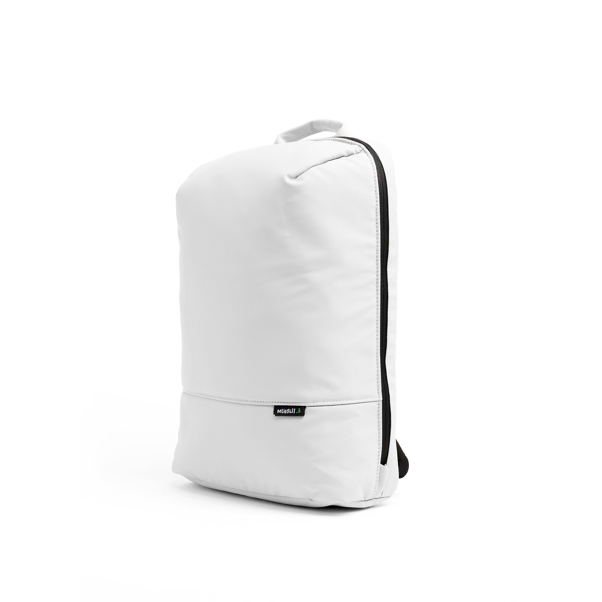 Mueslii daily backpack, made of PU coated waterproof nylon, with a laptop compartment, color white, side view.