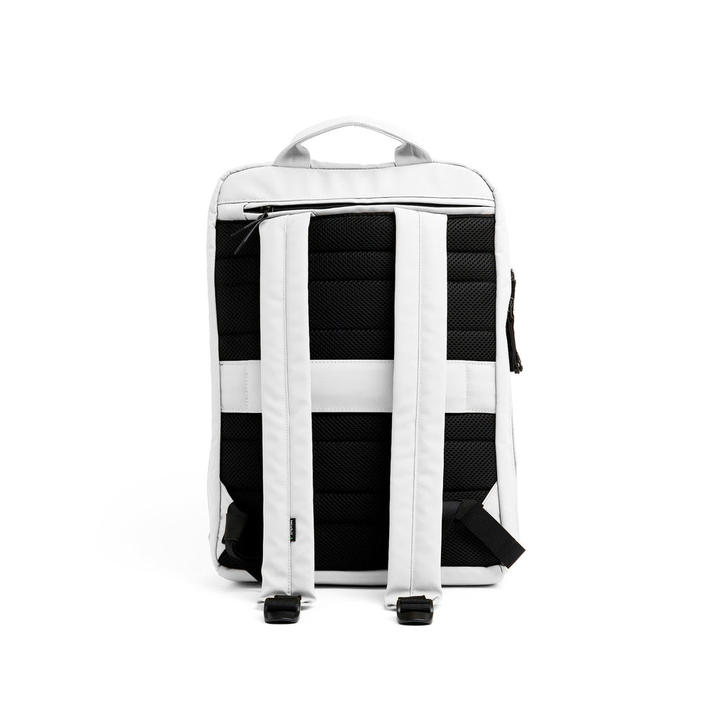 Mueslii daily backpack, made of PU coated waterproof nylon, with a laptop compartment, color white, back view.