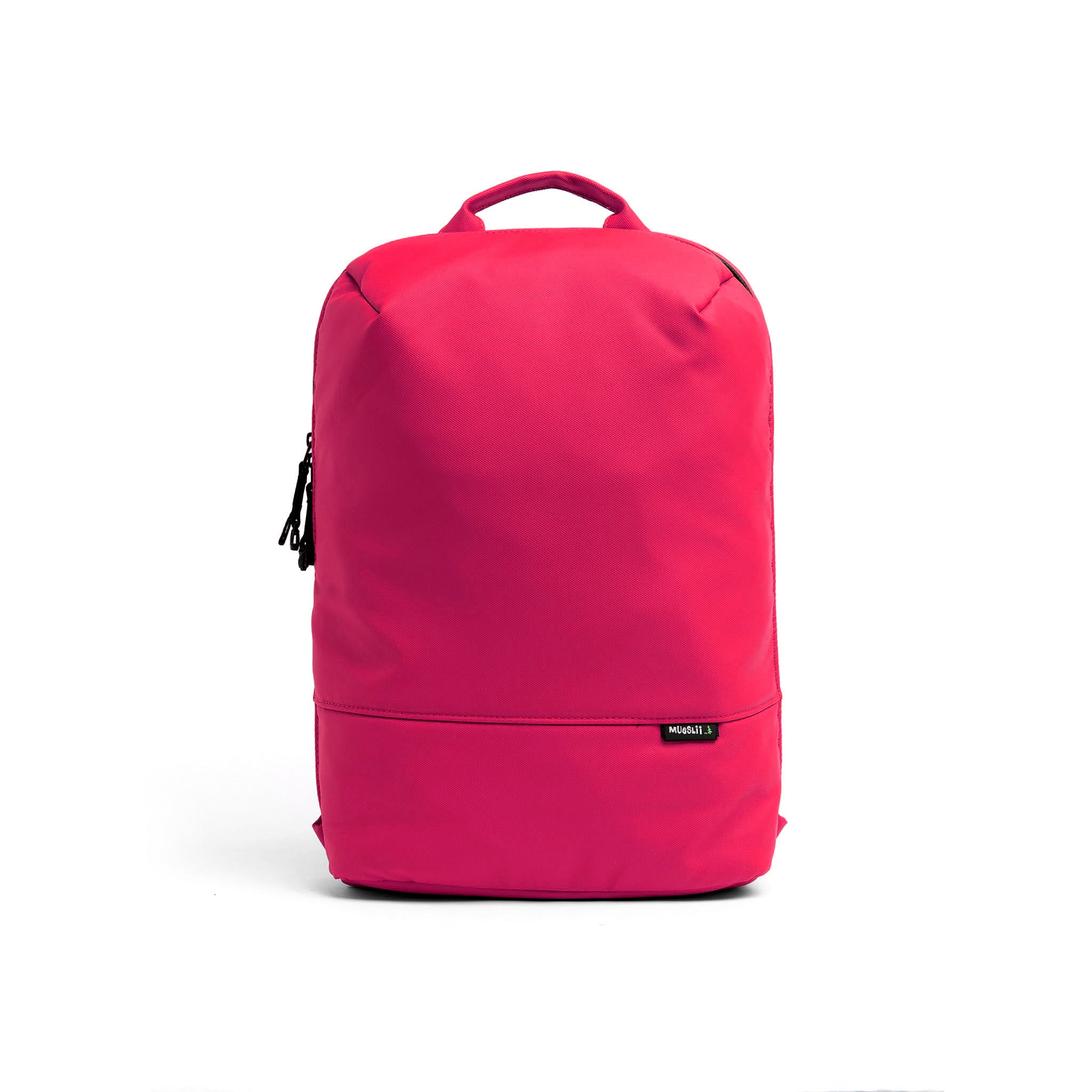 Mueslii daily backpack, made of PU coated waterproof nylon, with a laptop compartment, color pink, front view.