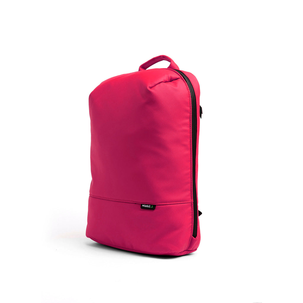 Mueslii daily backpack, made of PU coated waterproof nylon, with a laptop compartment, color pink, side view.