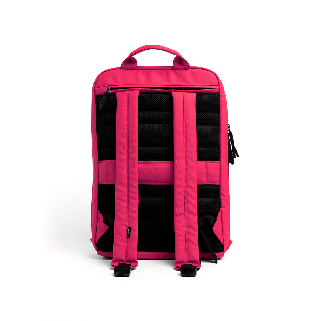 Mueslii daily backpack, made of PU coated waterproof nylon, with a laptop compartment, color pink, back view.