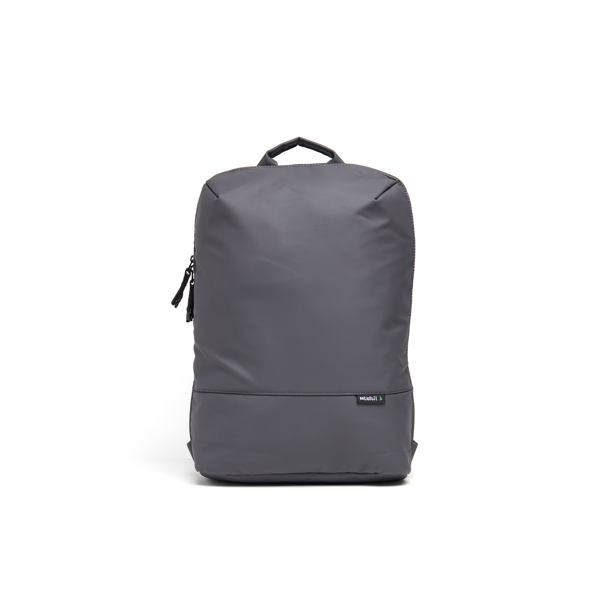 Mueslii small backpack, made of PU coated waterproof nylon, with a laptop compartment, color grey, front view.