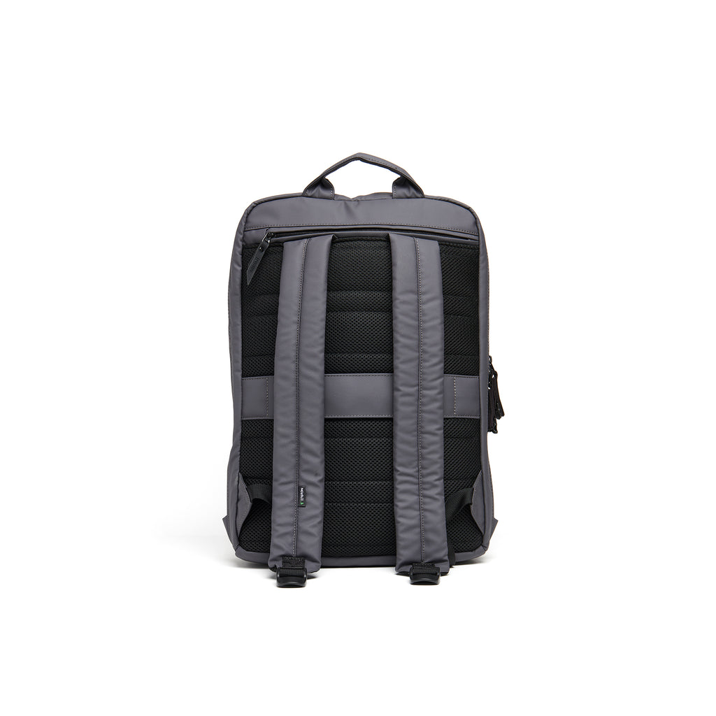 Mueslii small backpack, made of PU coated waterproof nylon, with a laptop compartment, color slate grey, back view.