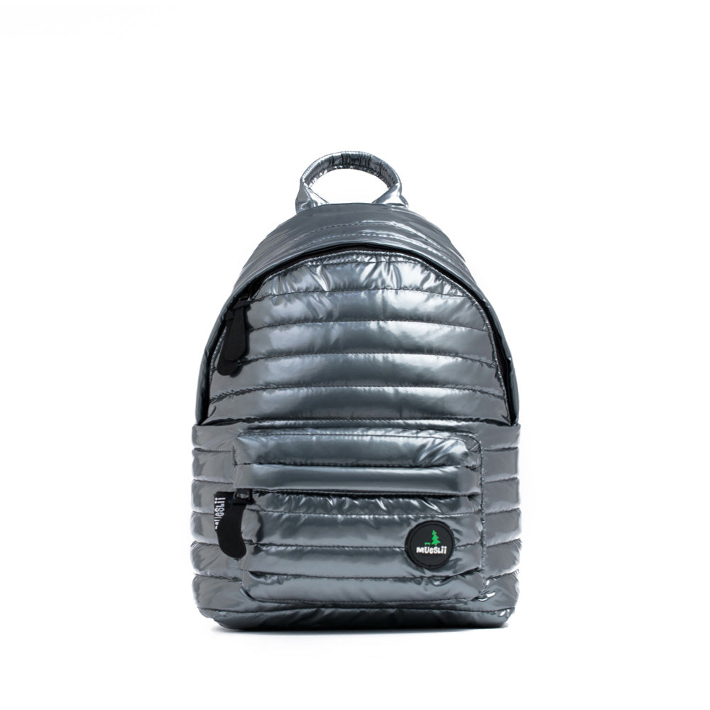 Mueslii original puffer medium and small backpack made of metal coated nylon and Ykk zips, color  stone coal grey, front view.