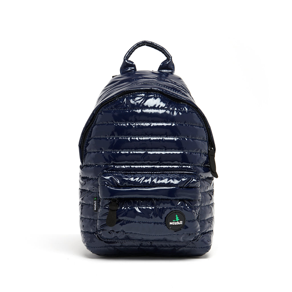 Mueslii original puffer medium and small backpack made of metal coated nylon and Ykk zips, color metal dark blue, front view.