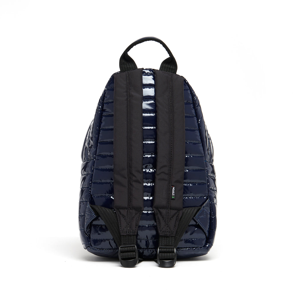 Mueslii original puffer medium and small backpack made of metal coated nylon and Ykk zips, color metal dark blue, back view.