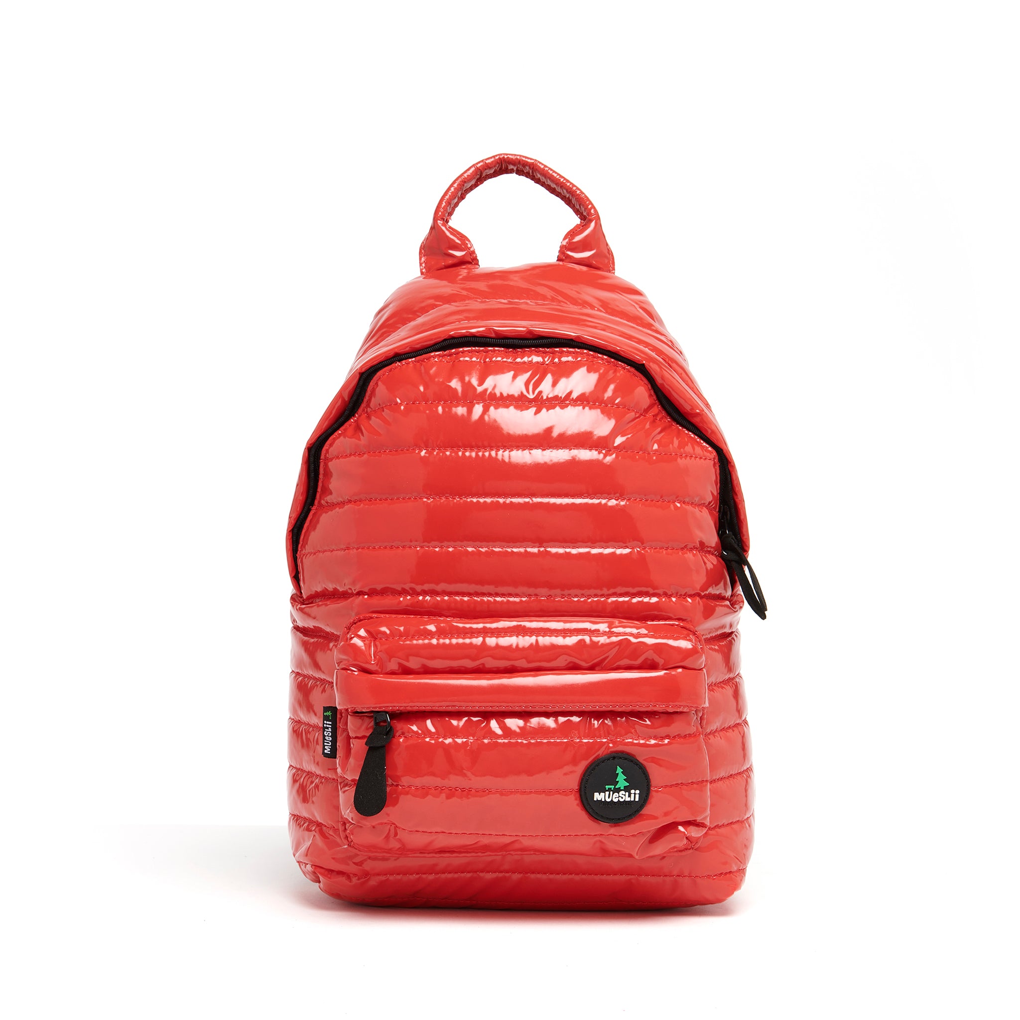 Mueslii original puffer medium and small backpack made of metal coated nylon and Ykk zips, color metal red, front view.