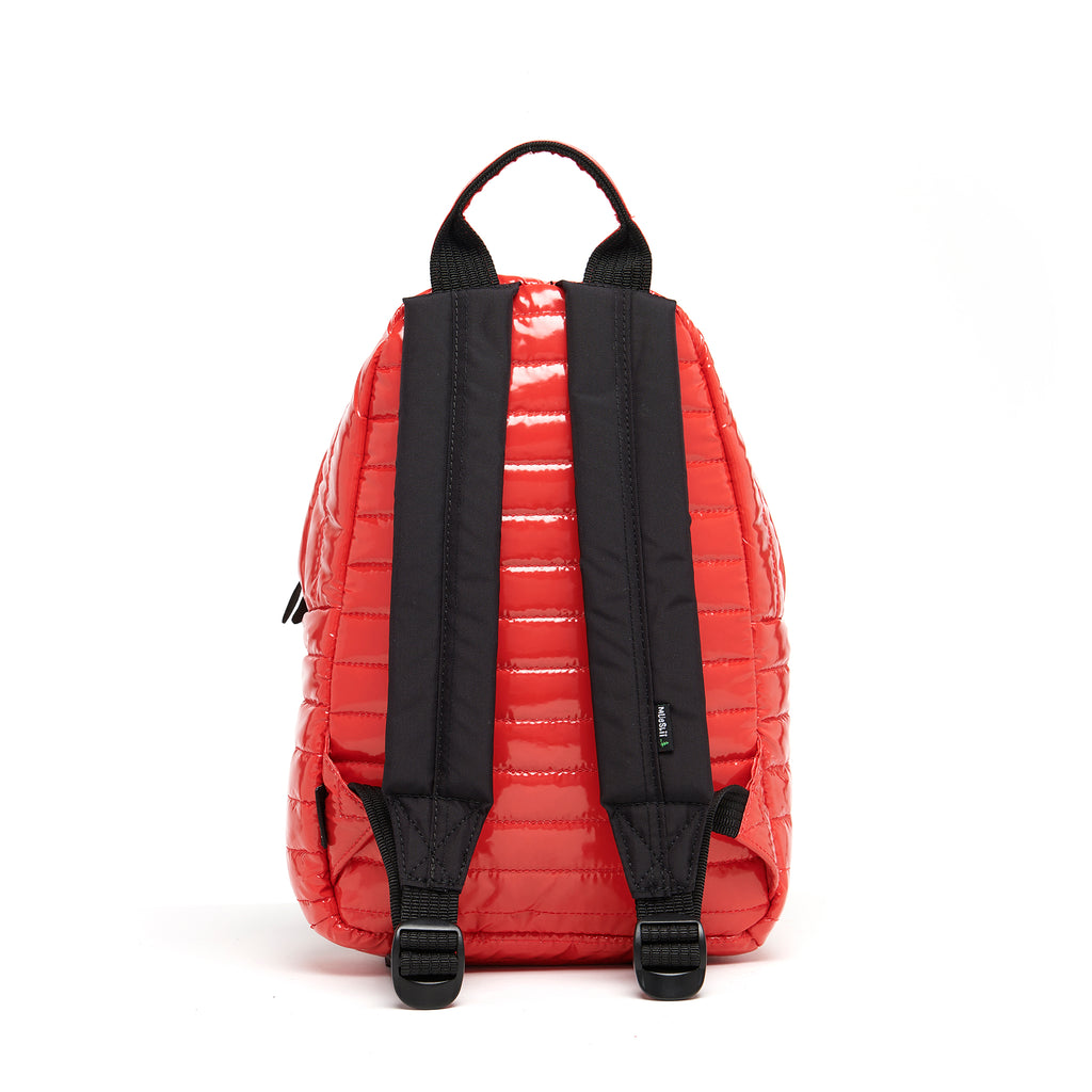 Mueslii original puffer medium and small backpack made of metal coated nylon and Ykk zips, color metal red, back view.