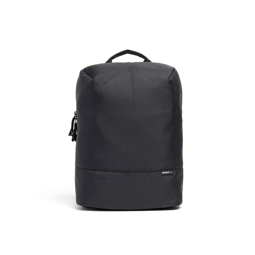 Mueslii travel backpack, made of water resistant canvas nylon, with a laptop compartment, color night black, cabin luggage, front view. 