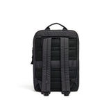 Mueslii travel backpack, made of water resistant canvas nylon, with a laptop compartment, cabin luggage, color night black, back view.