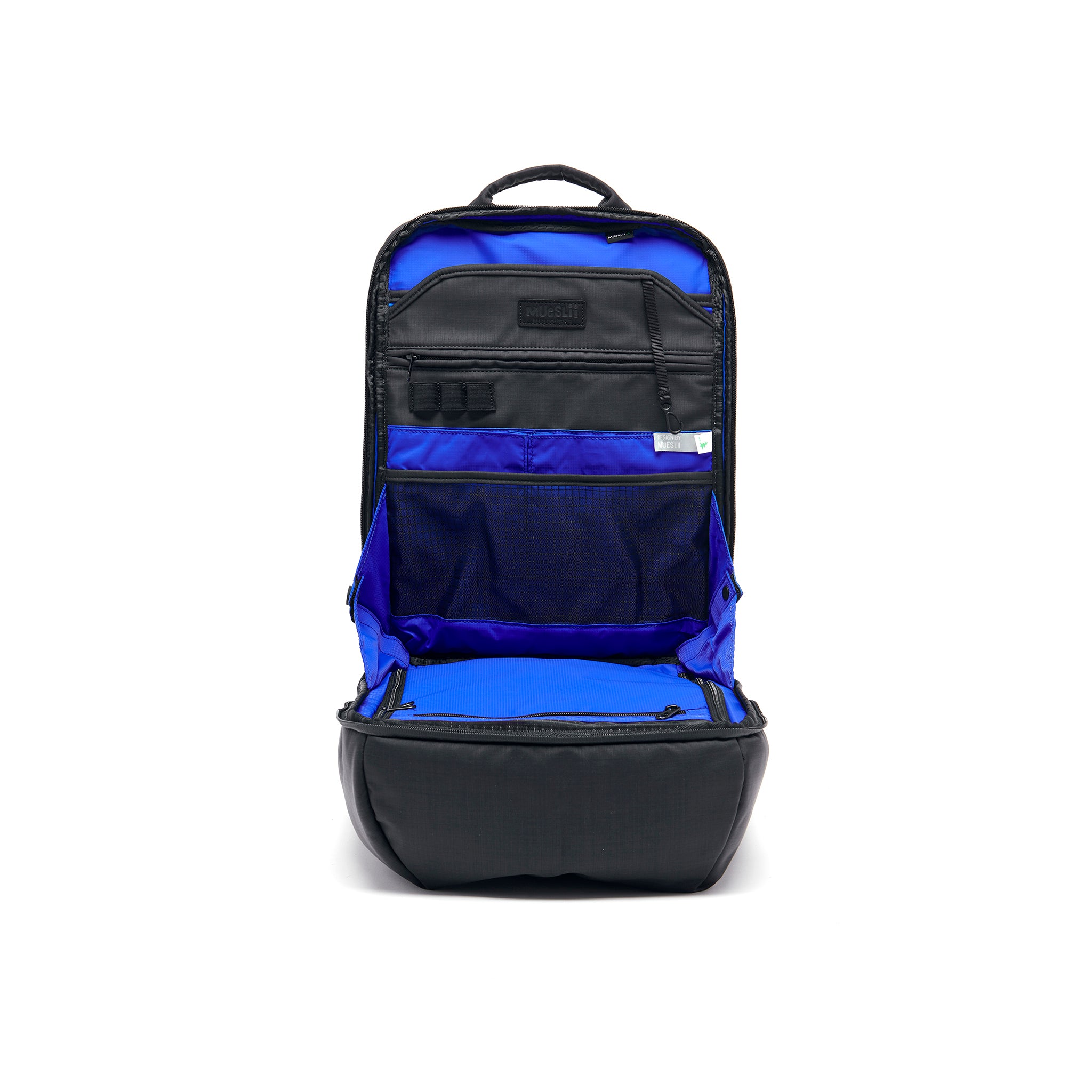 Mueslii travel backpack, made of water resistant canvas nylon, with a laptop compartment, cabin luggage, color black, inside view.