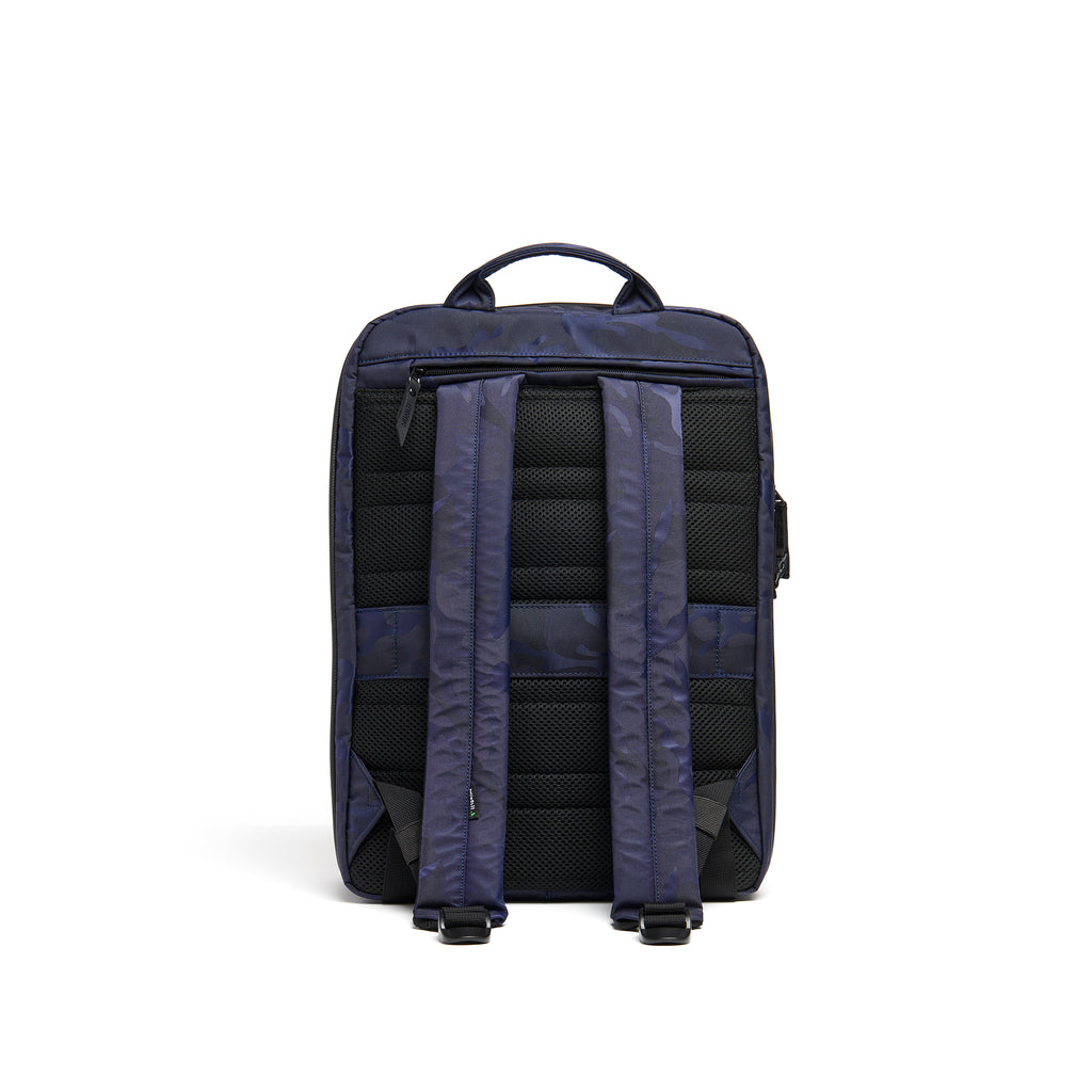 Mueslii travel backpack, made of waterproof jacquard nylon, camouflage pattern, with a laptop compartment, color blue, back view.