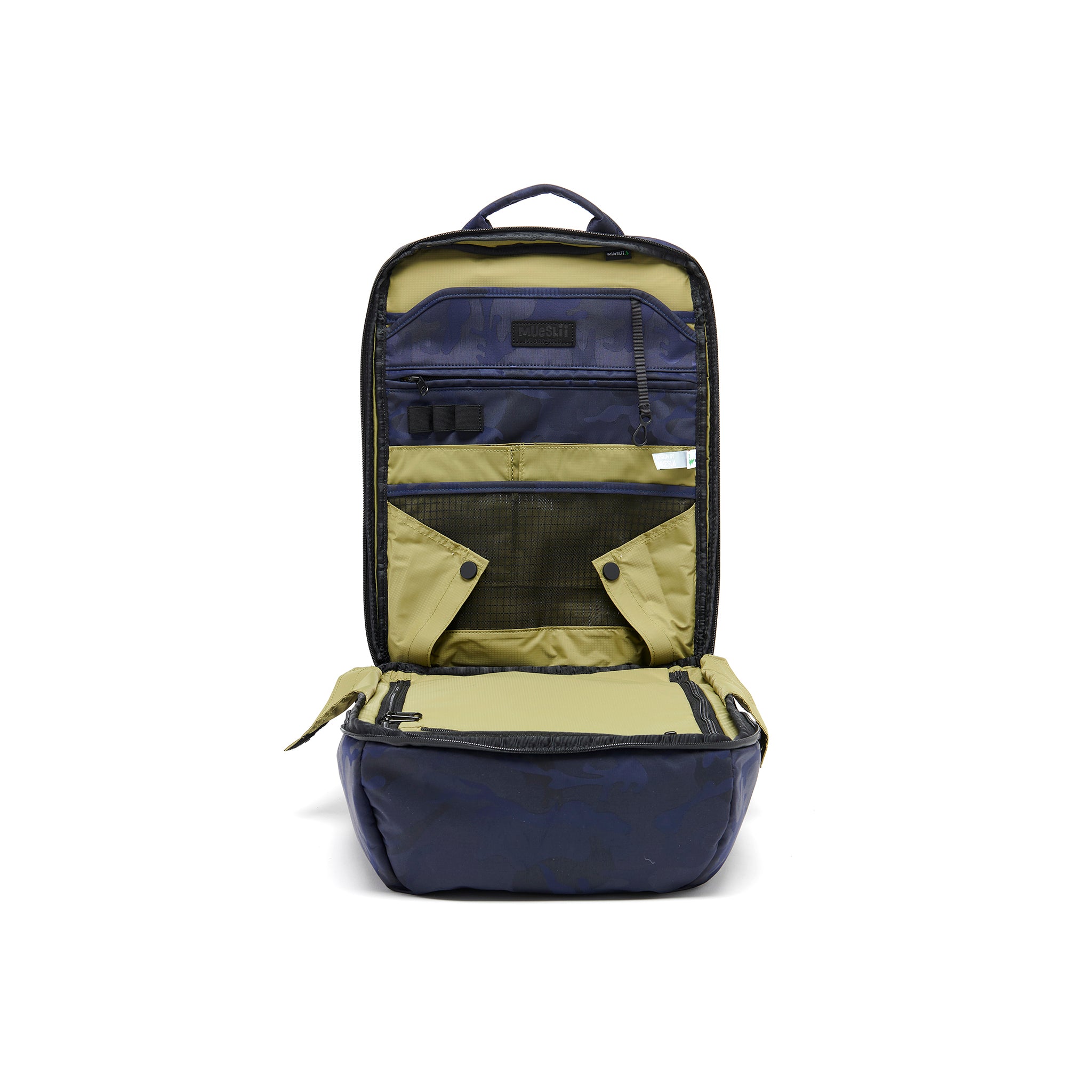 Mueslii travel backpack, made of waterproof jacquard nylon, camouflage pattern, with a laptop compartment, color blue, inside view.