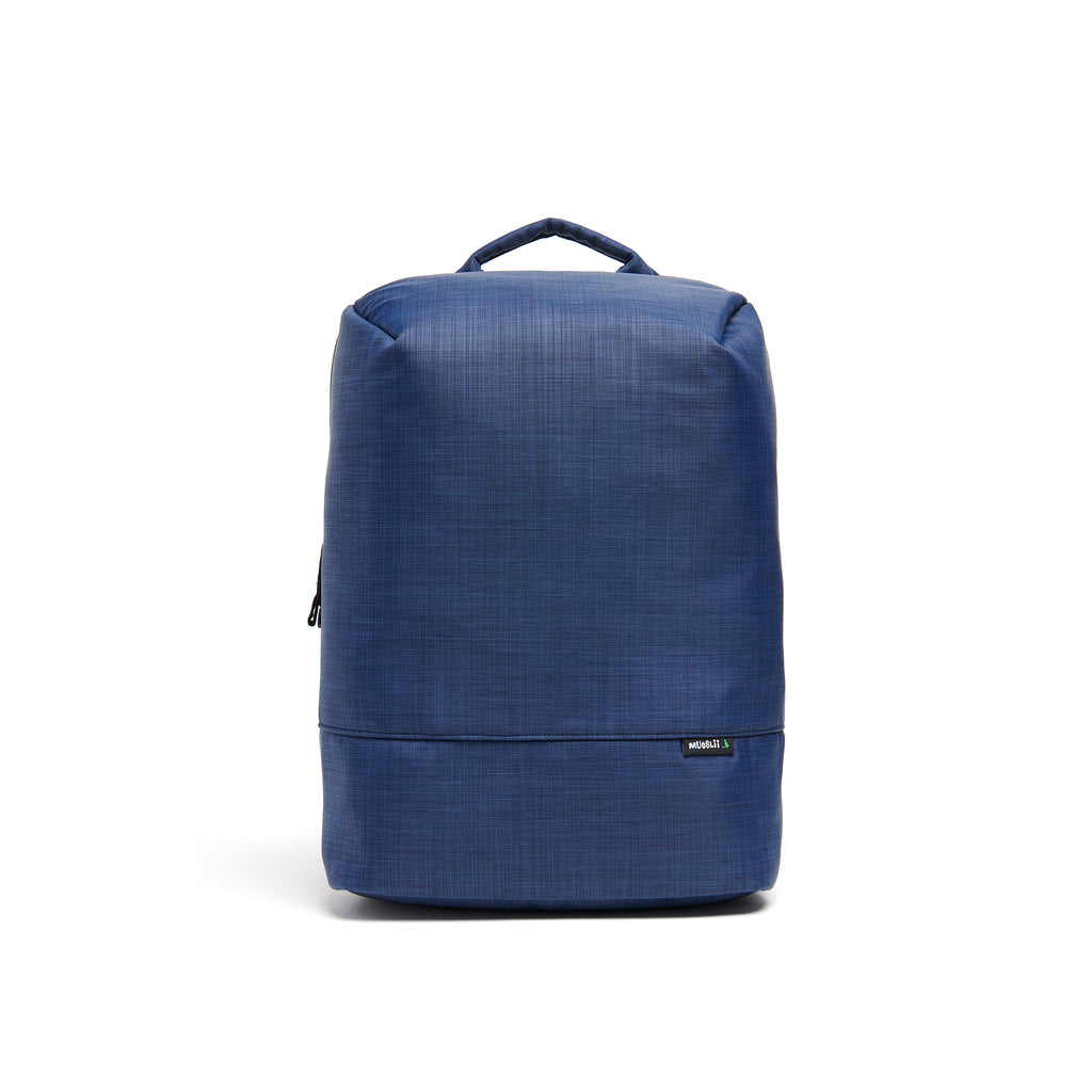 Mueslii travel backpack, made of water resistant canvas nylon, with a laptop compartment,  cabin luggage, ocean blue, front view.
