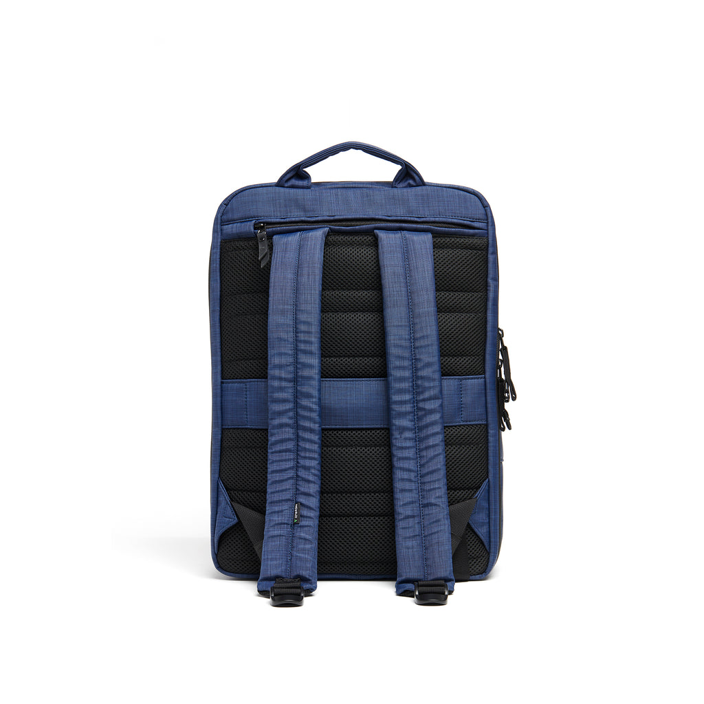 Mueslii travel backpack, made of water resistant canvas nylon, with a laptop compartment, cabin luggage, color blue, back view.