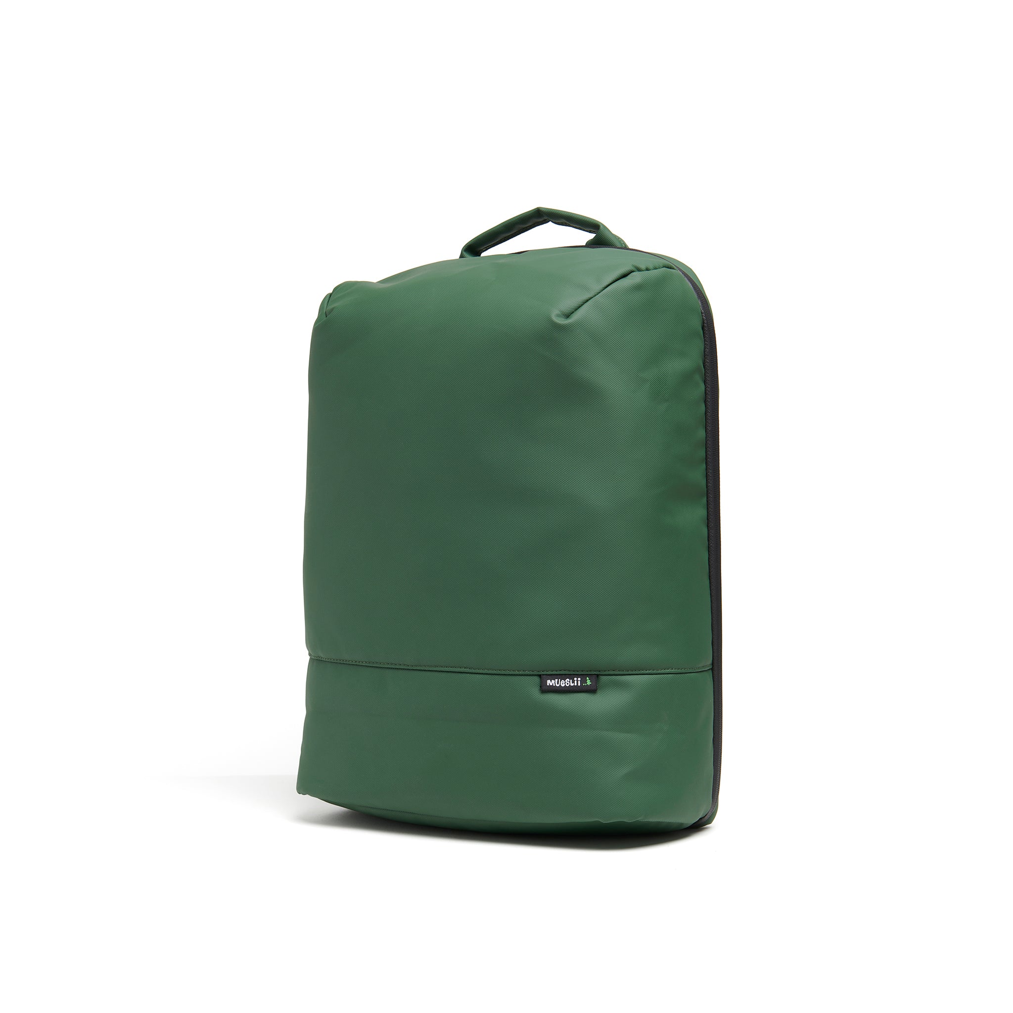 Mueslii travel backpack, made of PU coated waterproof nylon, with a laptop compartment, color green, side view.