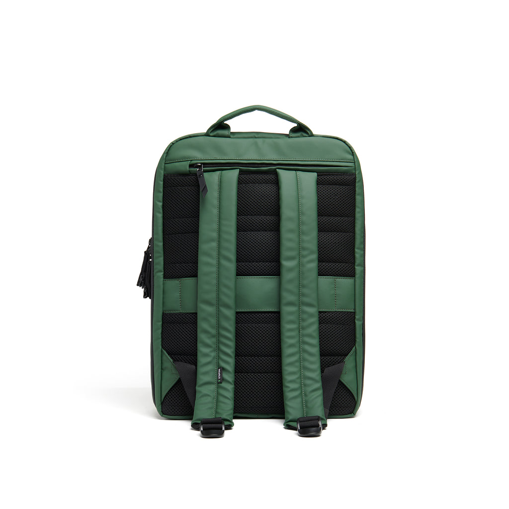Mueslii travel backpack, made of PU coated waterproof nylon, with a laptop compartment, color green, back view.