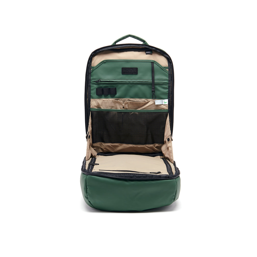 Mueslii travel backpack, made of PU coated waterproof nylon, with a laptop compartment, color green, inside view.
