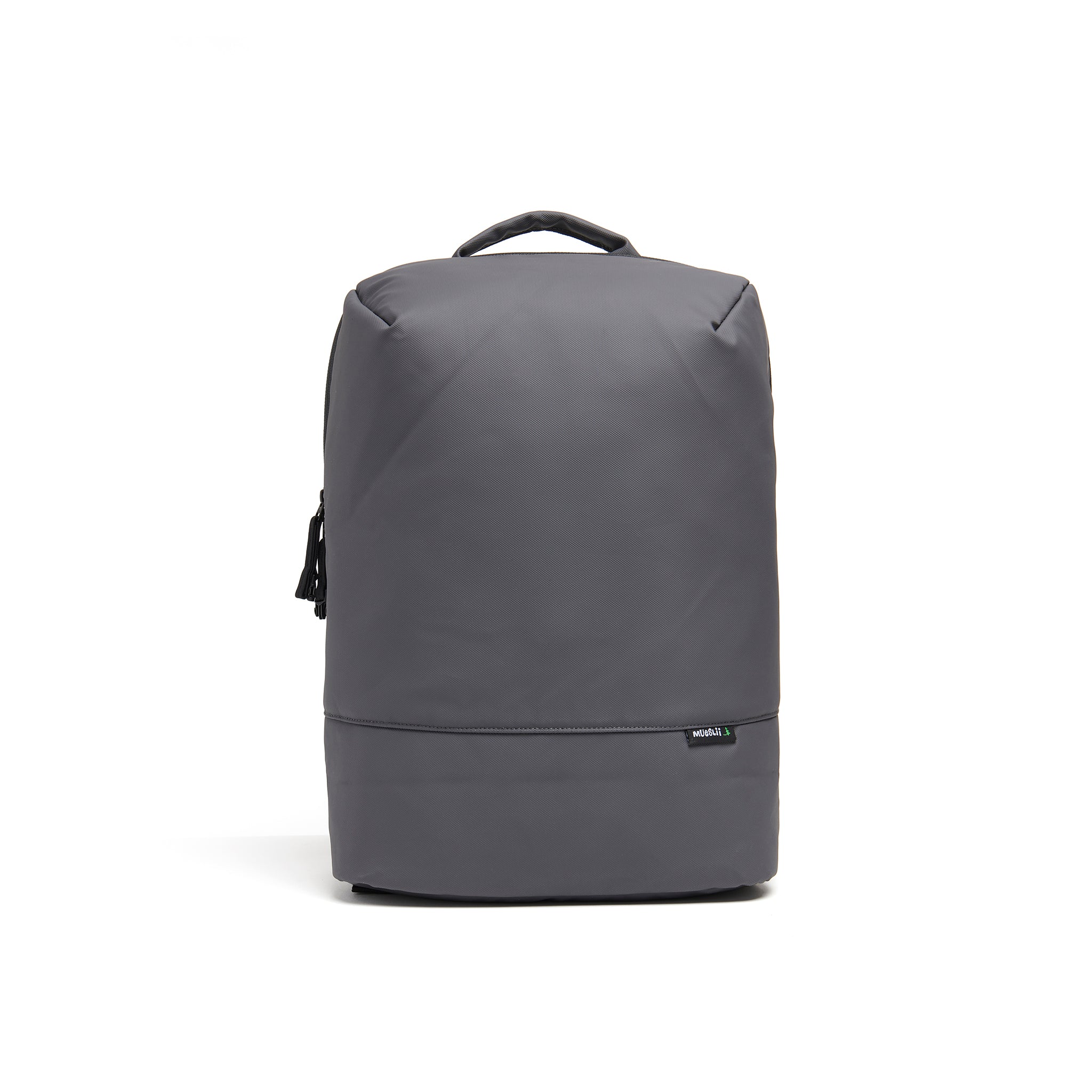  Mueslii travel backpack, made of PU coated waterproof nylon, with a laptop compartment, color slate grey, front view.