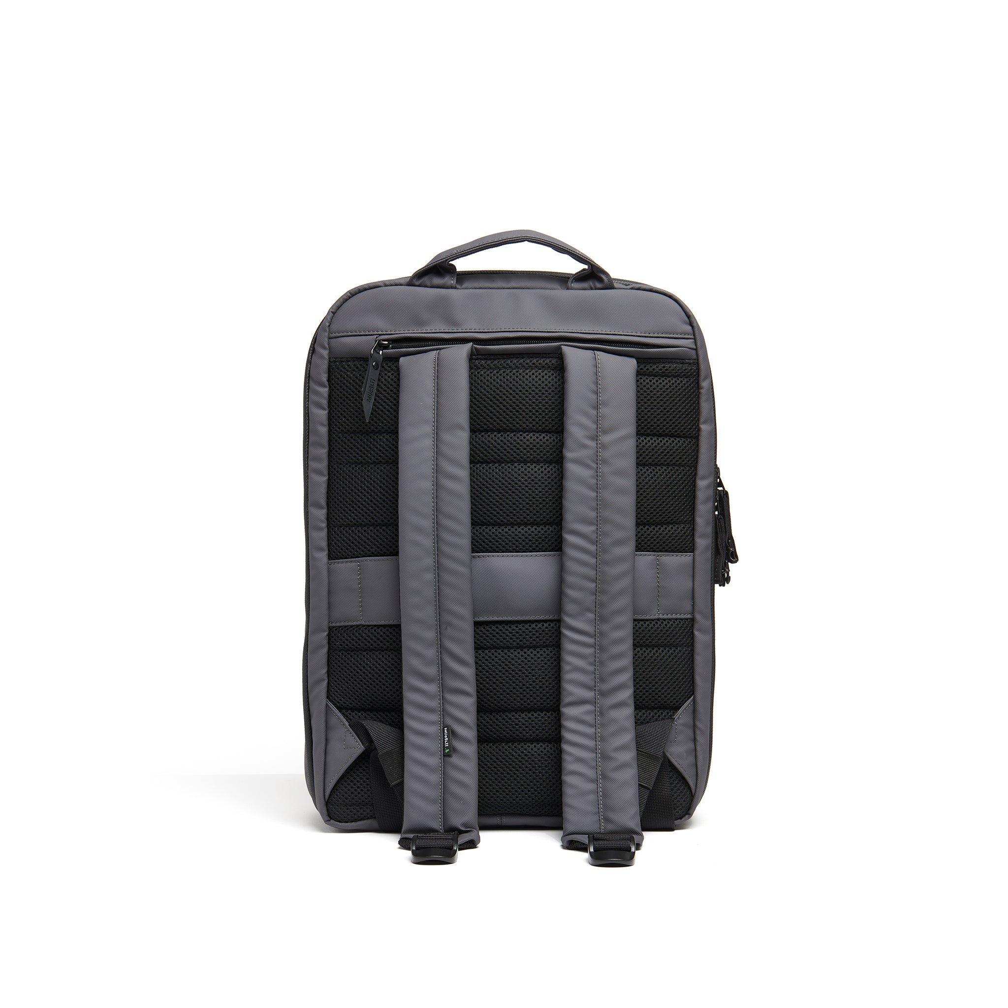 Mueslii travel backpack, made of PU coated waterproof nylon, with a laptop compartment, color grey, back view.