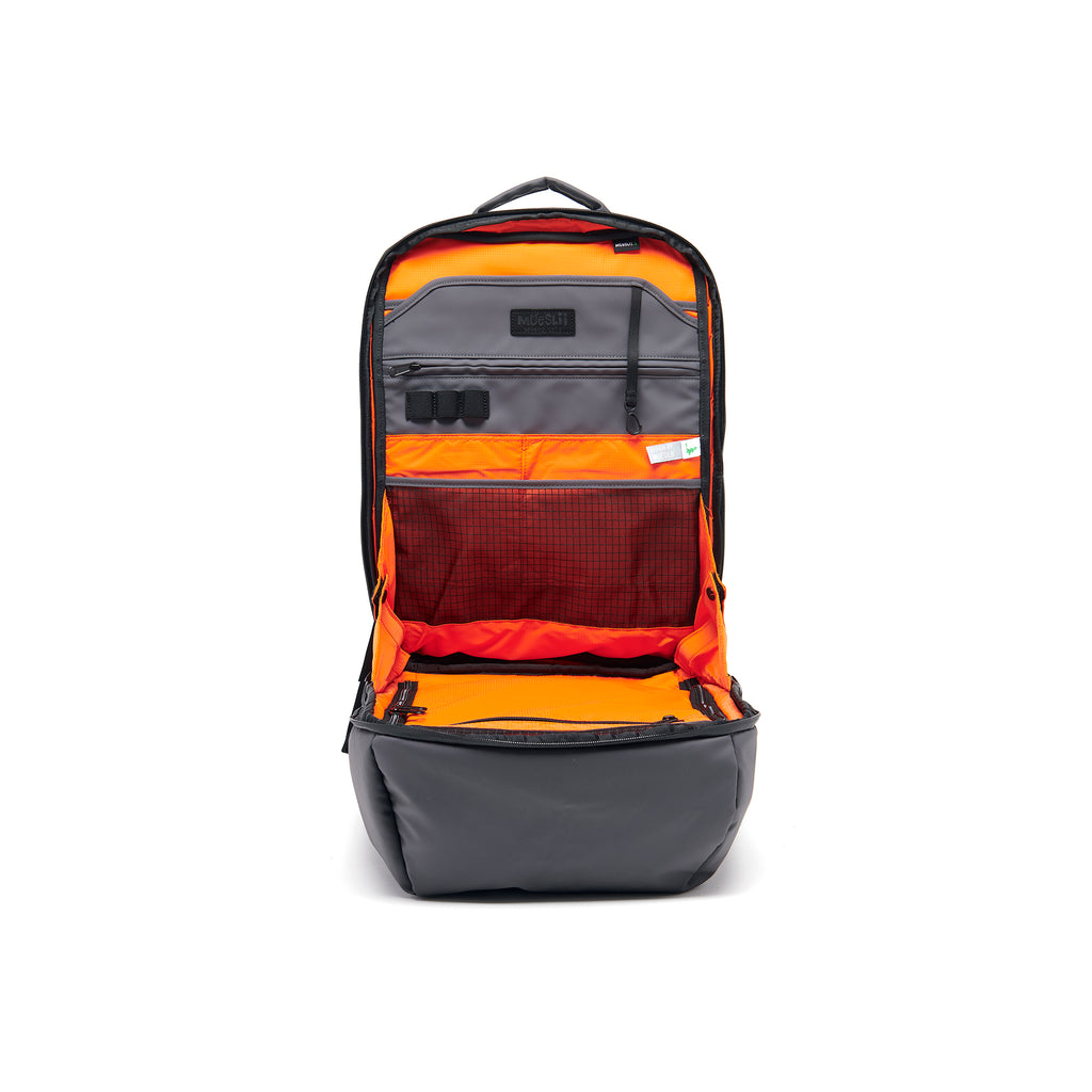 Mueslii travel backpack, made of PU coated waterproof nylon, with a laptop compartment, color grey, inside view.