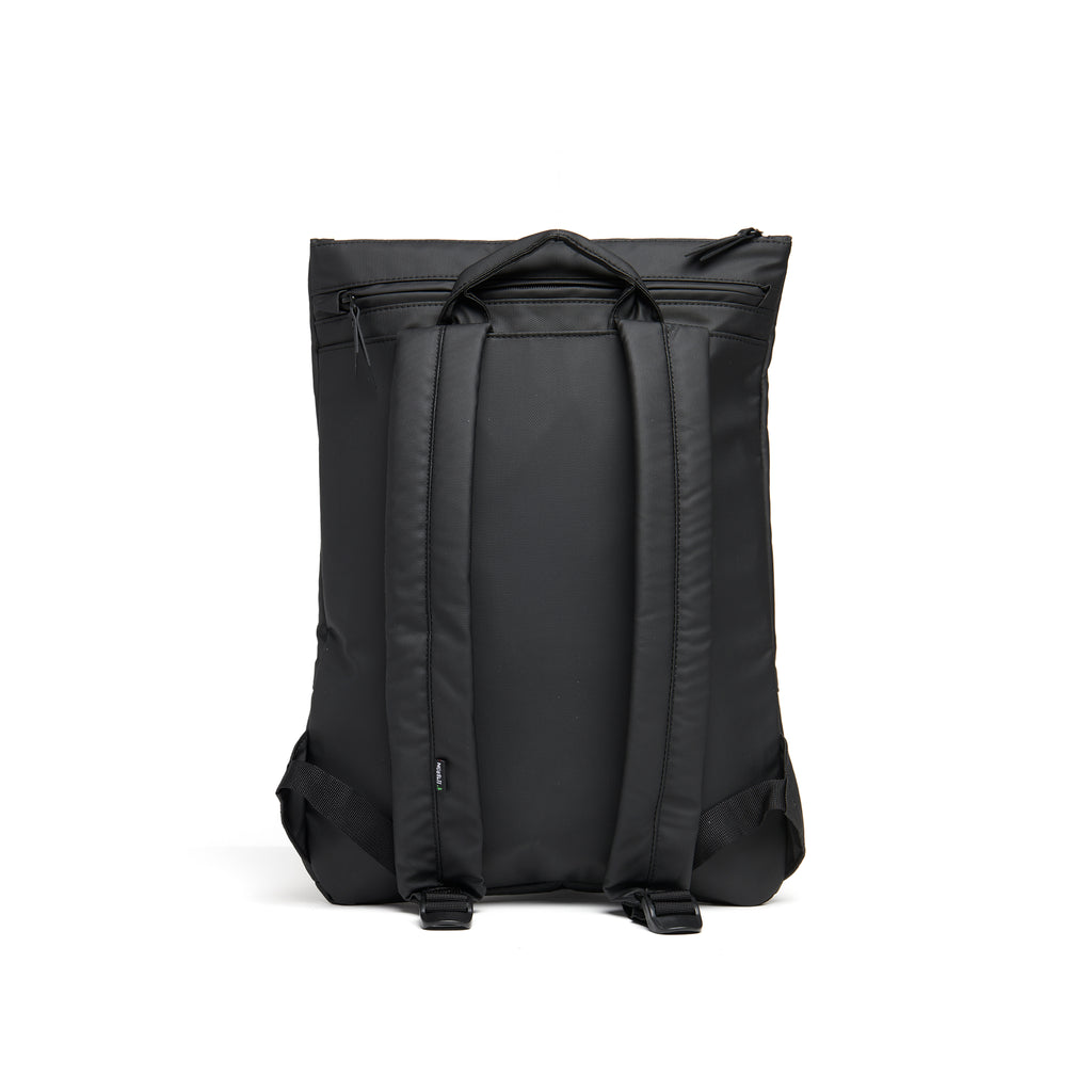 Mueslii light pack,  made of PU coated waterproof nylon, color black, back view.