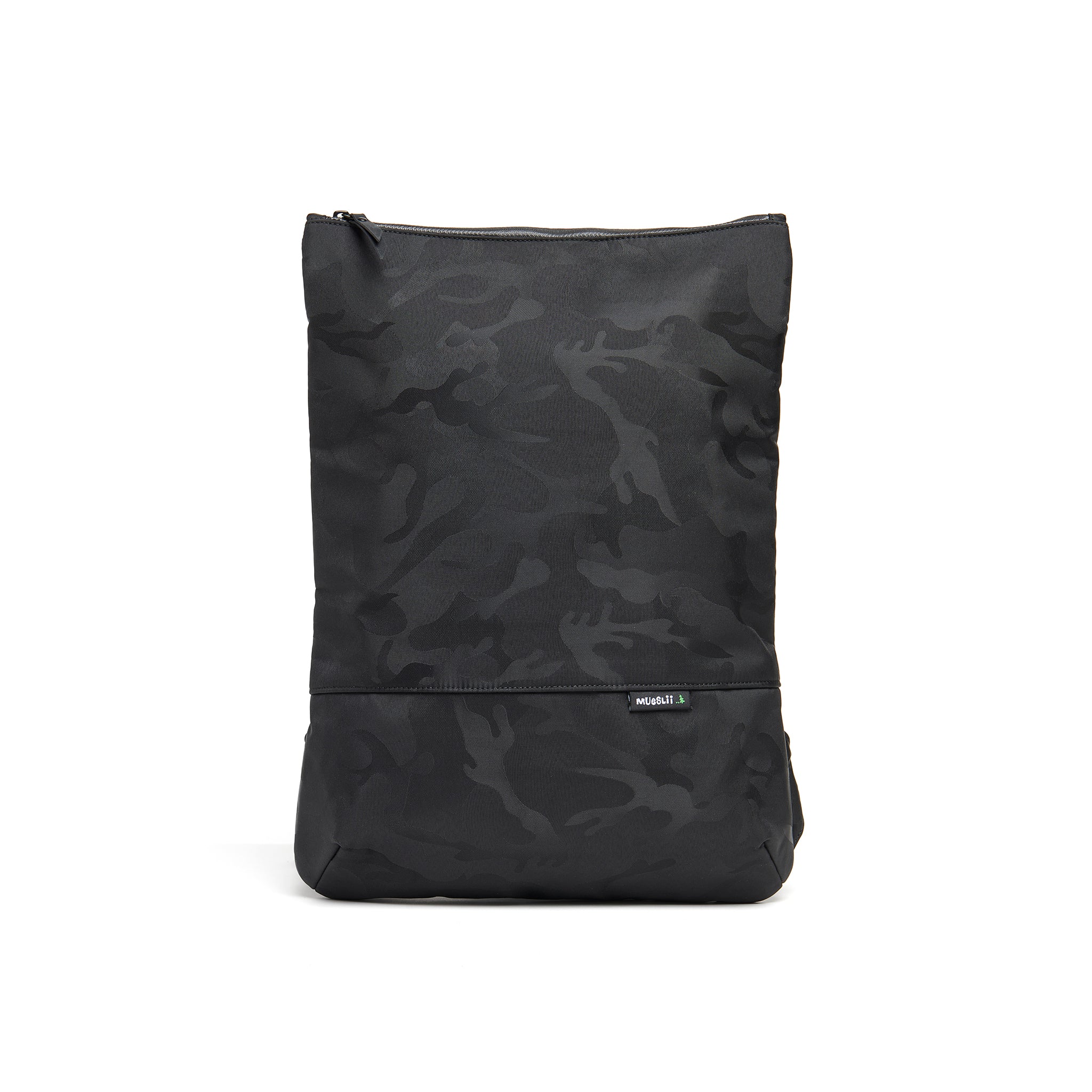 Mueslii light backpack, made of jacquard  waterproof nylon, with a laptop compartment, pattern camouflage, color black, front view.