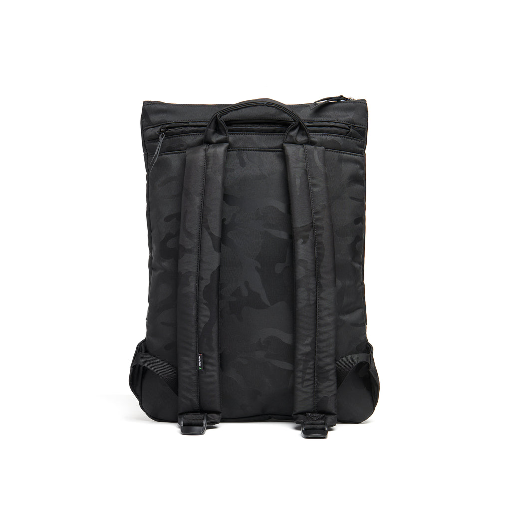 Mueslii light backpack, made of jacquard  waterproof nylon, with a laptop compartment, pattern camouflage, color black, back view.