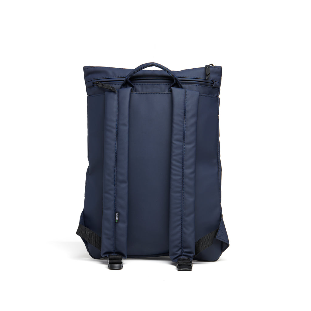 Mueslii light pack,  made of PU coated waterproof nylon, color blue, back view.