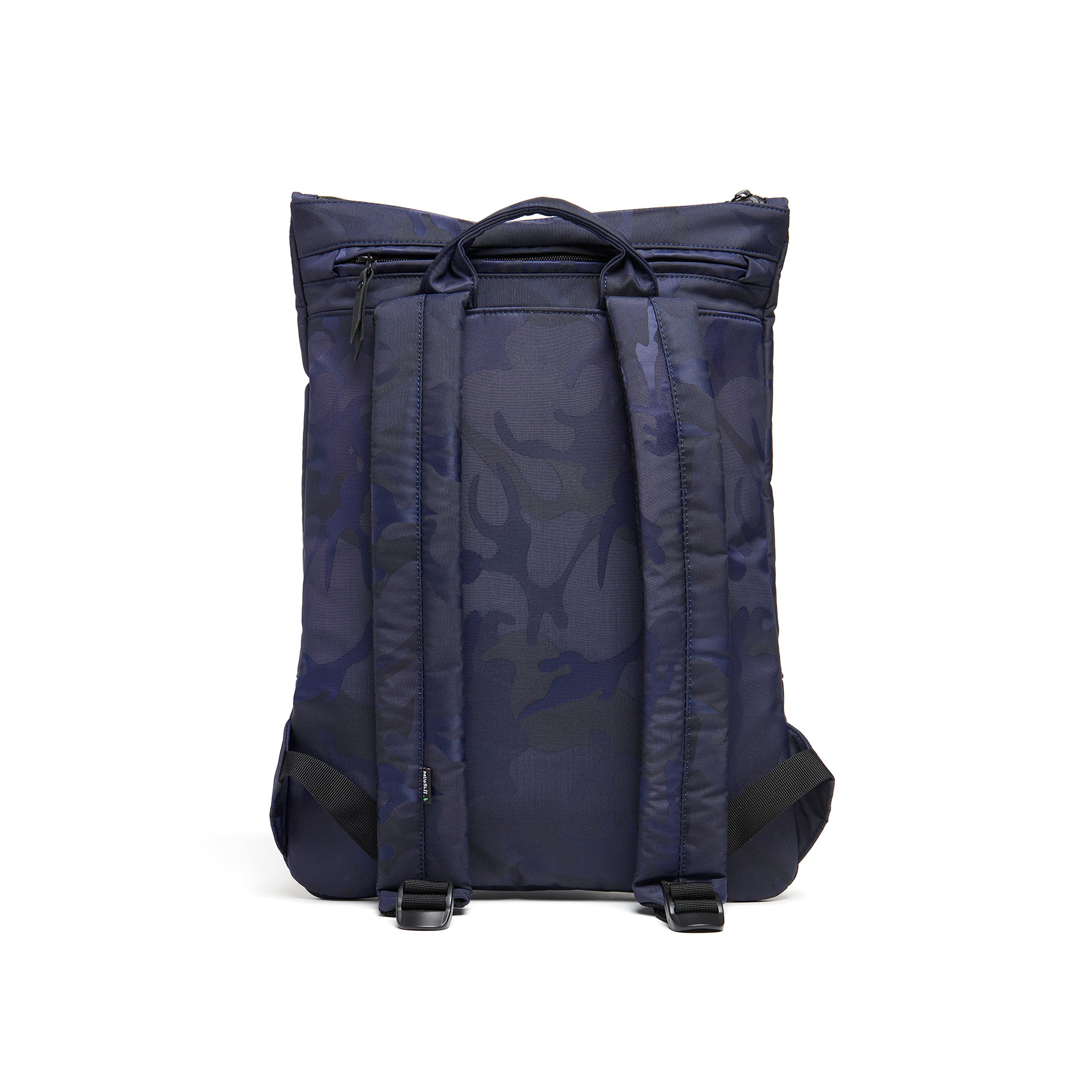Mueslii light backpack, made of jacquard  waterproof nylon, with a laptop compartment, pattern camouflage, color blue, back view.
