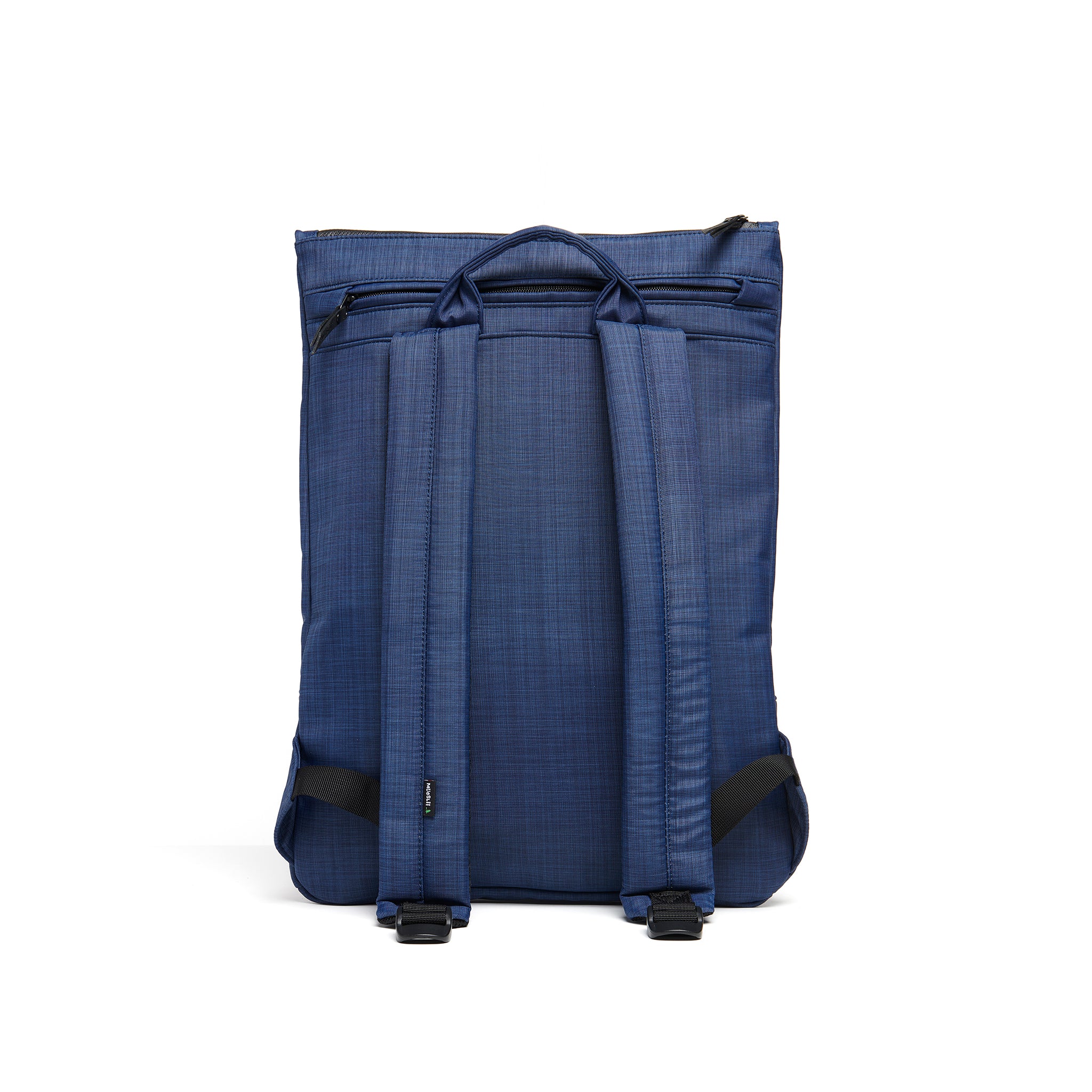 Mueslii light backpack, made of water resistant canvas nylon, with a laptop compartment, color ocean blue, back view.