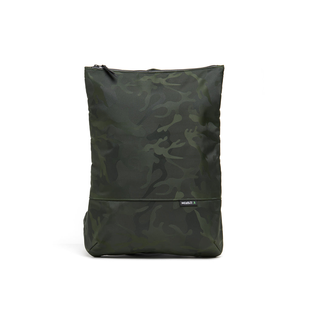 Mueslii light backpack, made of jacquard waterproof nylon, with a laptop compartment, pattern camouflage, color green, front view.