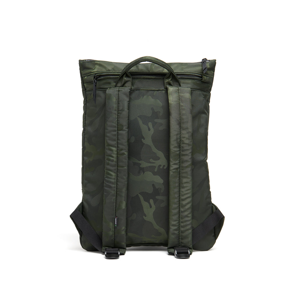 Mueslii light backpack, made of jacquard  waterproof nylon, with a laptop compartment, pattern camouflage, color green, back view.