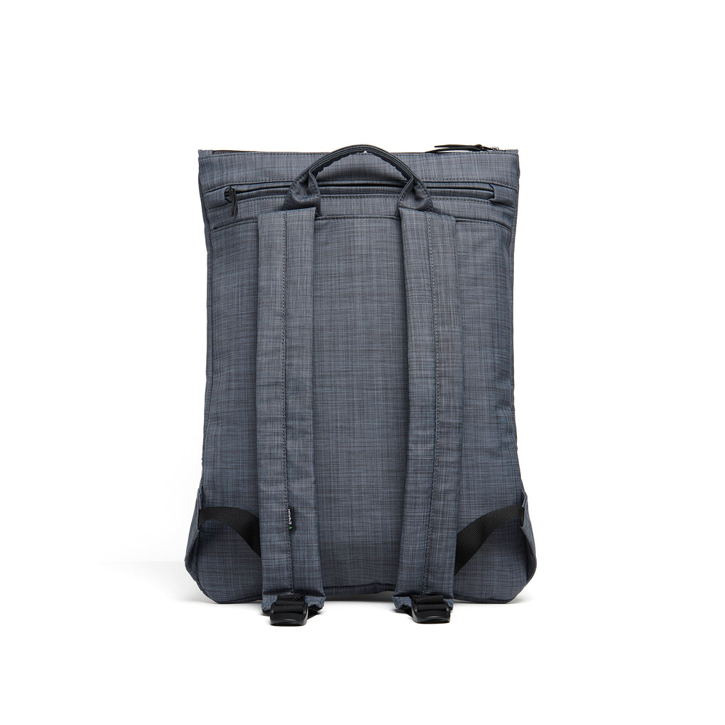 Mueslii light backpack, made of water resistant canvas nylon, with a laptop compartment, color slate grey, back view.